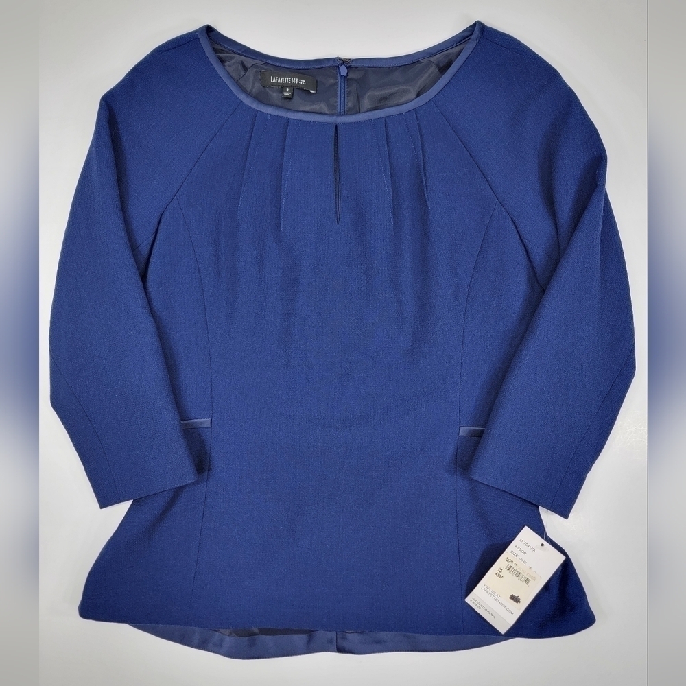 NEW Lafayette 148 Wool 3/4 Sleeve Blouse Blue Zip Back Womens 2 Career Top NWT